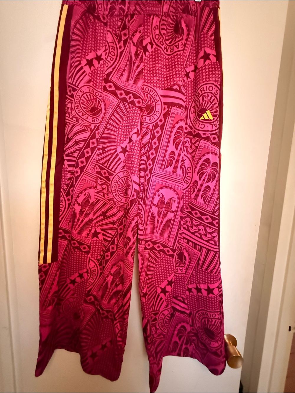 adidas Pink Patterned Track Pants with Yellow Side Stripes